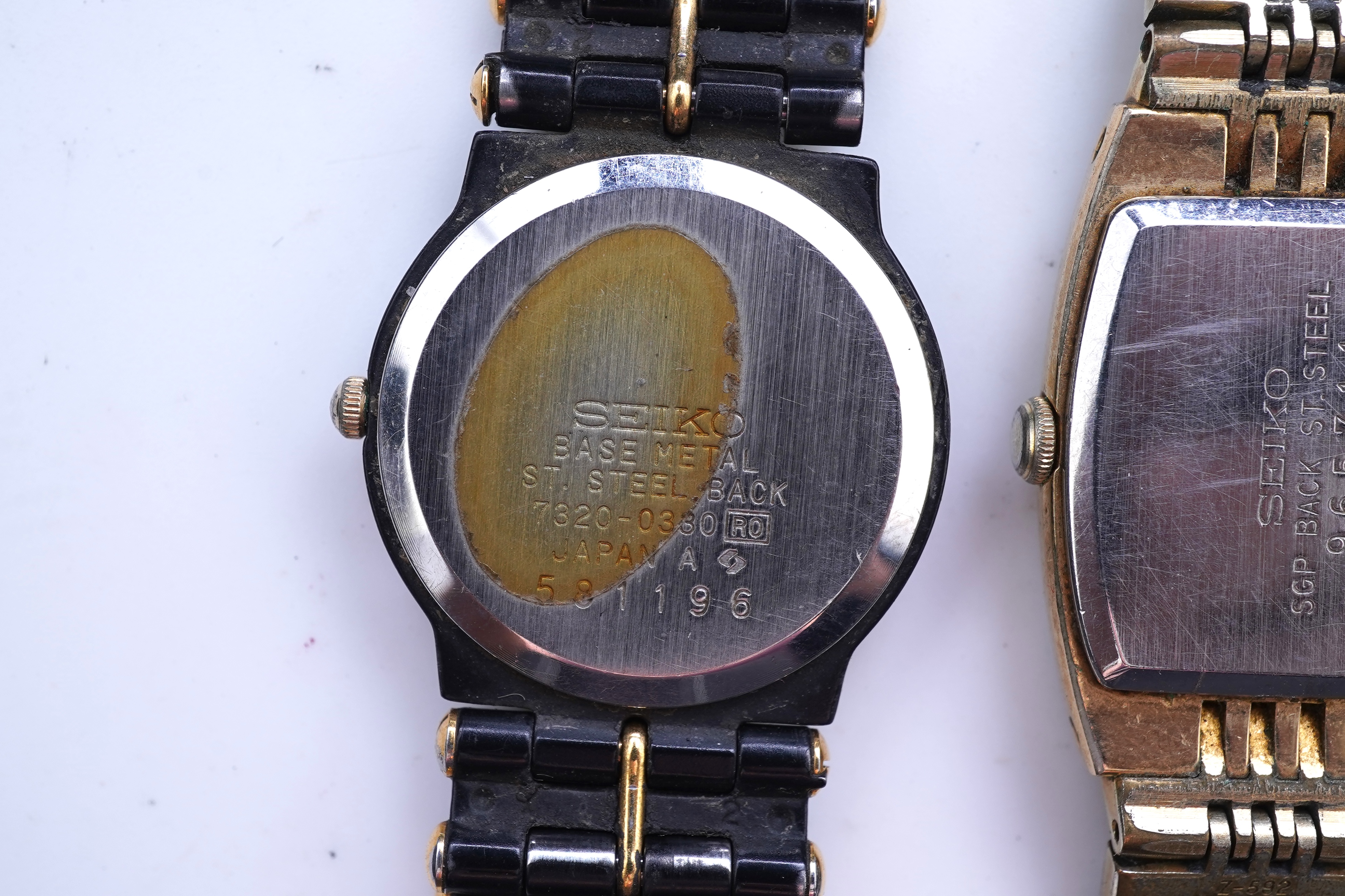 XX REMOVE ROLEX XX, A collection of watches and a bangle, comprising: two Seiko quartz watches; a manual winding watch by Larex; a quartz watch by Eterna; a quartz watch by Rotary; and a quartz watch by Pulsar; together